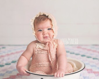 ROMPER / BONNET / HEADBAND: sitter set, 6 month, 12 M, dusty pink knit romper, crocheted trim, bonnet, romper, baby photography, photo prop