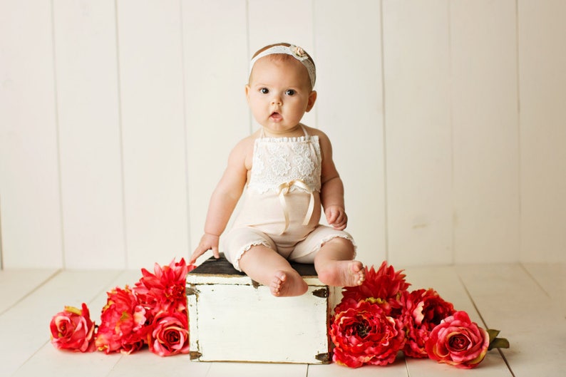 READY TO SHIP toddler romper 6 month 12 month sitter for photo shoot photo prop peach lace handmade photography session sitter outfit set image 3
