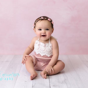 ROMPER / BONNET / HALO set: mauve pink stretch knit Sitter set, 6 month, 12 month, embroidered trim fabric, baby photography, photo prop