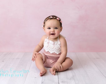 ROMPER / BONNET / HALO set: mauve pink stretch knit Sitter set, 6 month, 12 month, embroidered trim fabric, baby photography, photo prop