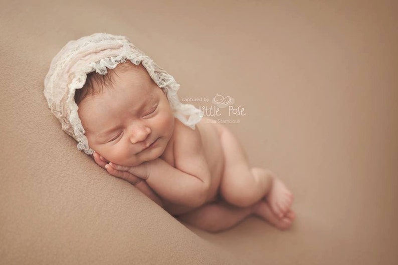NEWBORN BABY BONNET, vintage baby bonnet, ivory lace, dusty lilac, newborn, handmade, baby photo prop, photography prop, baby photo prop image 1