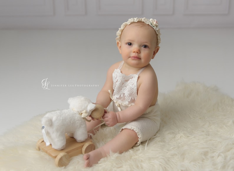 photography prop embriodered lace ivory knit romper 12 month sitter set BABY ROMPER HEADBAND bonnet: 6 month sitter set headband