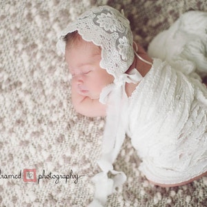 LACE BABY BONNET, vintage lace, off white, newborn, stretch lace, handmade, newborn baby photo prop, photography prop, baby image 1