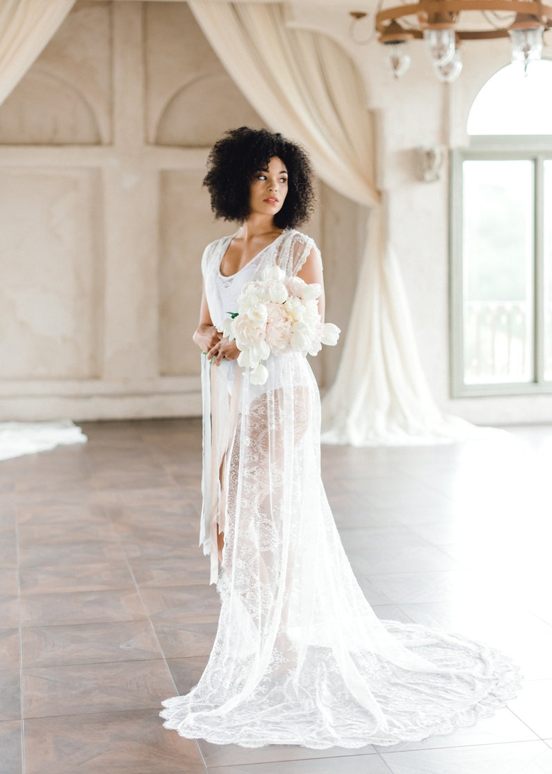 lace bridal robe with train
