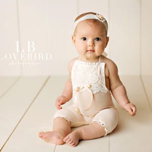 READY TO SHIP toddler romper 6 month 12 month sitter for photo shoot photo prop peach lace handmade photography session sitter outfit set image 1