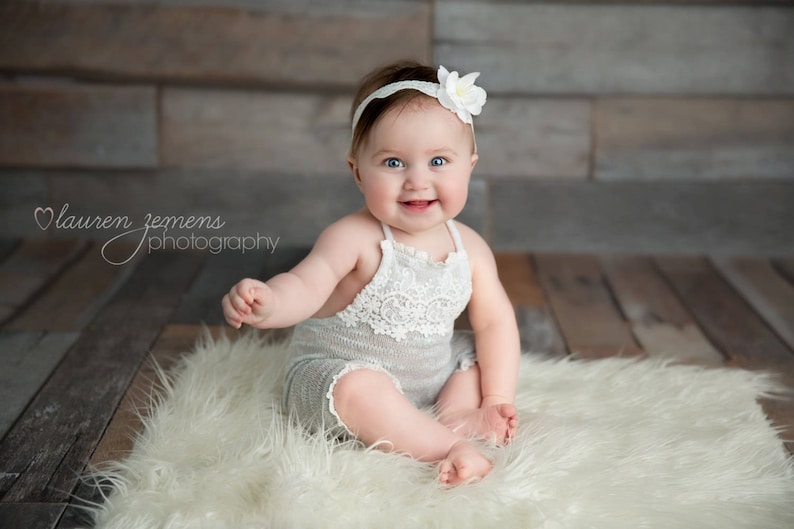 romper BABY ROMPER HEADBAND: 6 month sitter set embriodered lace 12 M sitter set photography dusty blue grey headband photo prop
