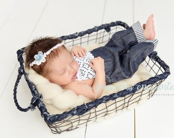 NB STRETCH DENIM romper: newborn striped denim romper, baby romper, blue, newborn photo prop, two sided romper, handmade, photography prop