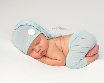 NEWBORN PANT SET, baby photo prop, blue pant, stretch knit, button, baby elf hat, baby boy pants, handmade, shower gift, for photo shoot