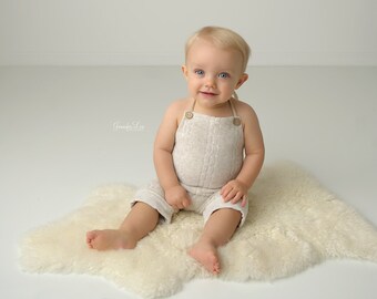 BABY ROMPER: 6M, 12M, terry knit romper, baby stretch romper, baby photo prop, lt. taupe knit,  handmade, photography prop, toddler photo