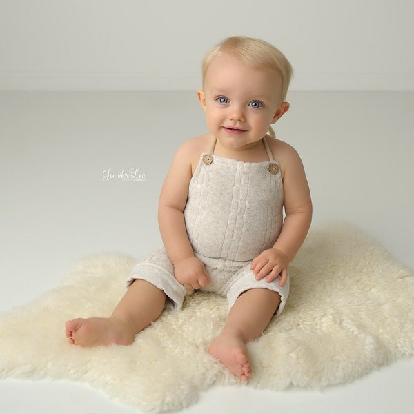 BABY ROMPER: 6M, 12M, terry knit romper, baby stretch romper, baby photo prop, lt. taupe knit,  handmade, photography prop, toddler photo