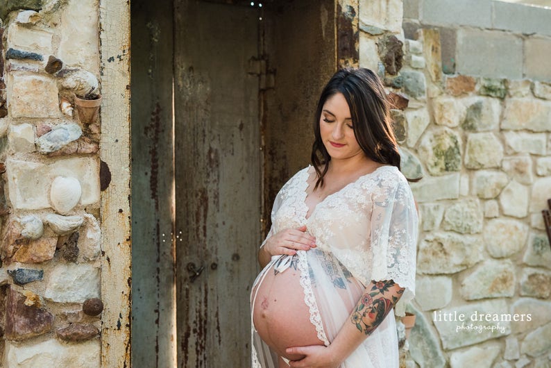 MATERNITY DRESS for photo shoot, floor length gown for photo shoot lingerie off white embroidered lace tulle one-size sheer boho image 8