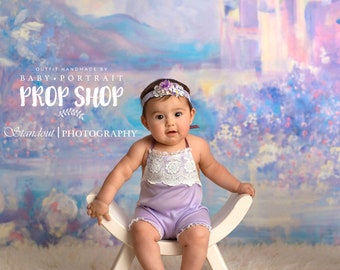 RTS SITTER SET: 6M, 12M baby stretch romper, toddler photo prop, lilac knit, embroidered trim, handmade photo prop, baby photography, lace