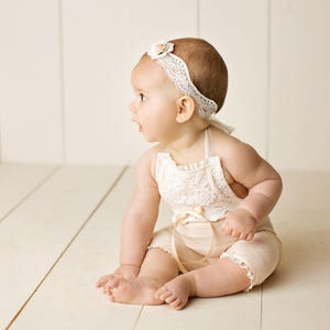 READY TO SHIP toddler romper 6 month 12 month sitter for photo shoot photo prop peach lace handmade photography session sitter outfit set image 2