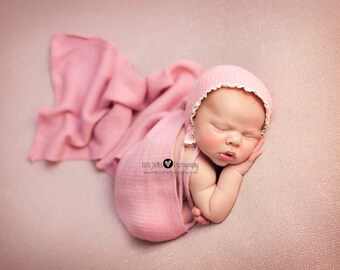 NEWBORN BABY BONNET, brown, rose pink knit bonnet, pink wrap, newborn baby set, ivory trim, handmade, baby photo prop,  photography prop