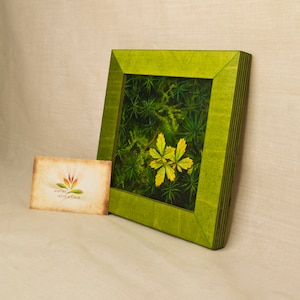Hojas de pintura originales, pintura acrílica con efecto 3D y brillo, hecha a mano, única, formato en marco verde 16,5 x 16,5 cm