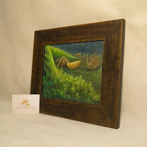 original artwork painting, landscape illustration &quot;moss&quot; with raised painting and sparkling drops, framed, 9,8&quot; x 11,2&quot;