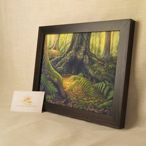 May include: A framed painting of a forest scene with a large tree root system in the center. The painting is done in a realistic style with green, brown, and yellow colors.