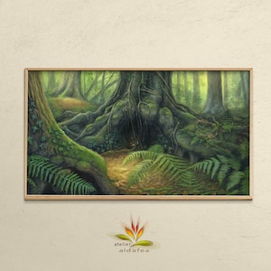May include: A painting of a forest scene with a large tree trunk and roots. The roots are covered in moss and ferns. The forest floor is covered in leaves and ferns. The light is coming from the right side of the image, creating a warm glow.