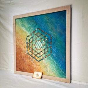 Cuadro original flor de la vida, obra de arte pintura acrílica con efecto 3D y purpurina, hecho a mano, único, formato incluido marco 55 x 55 cm