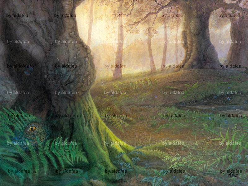 Wood dragon fantasy landscape digital illustration Stock