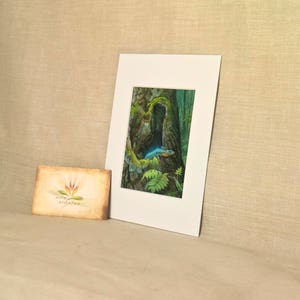 May include: A watercolor painting of a blue and green lizard resting in a hollowed out tree trunk. The lizard is surrounded by green foliage and the background is a dark green.