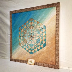 Cuadro original flor de la vida, obra de arte pintura acrílica con efecto 3D y purpurina, hecho a mano, único, formato incluido marco 55 x 55 cm