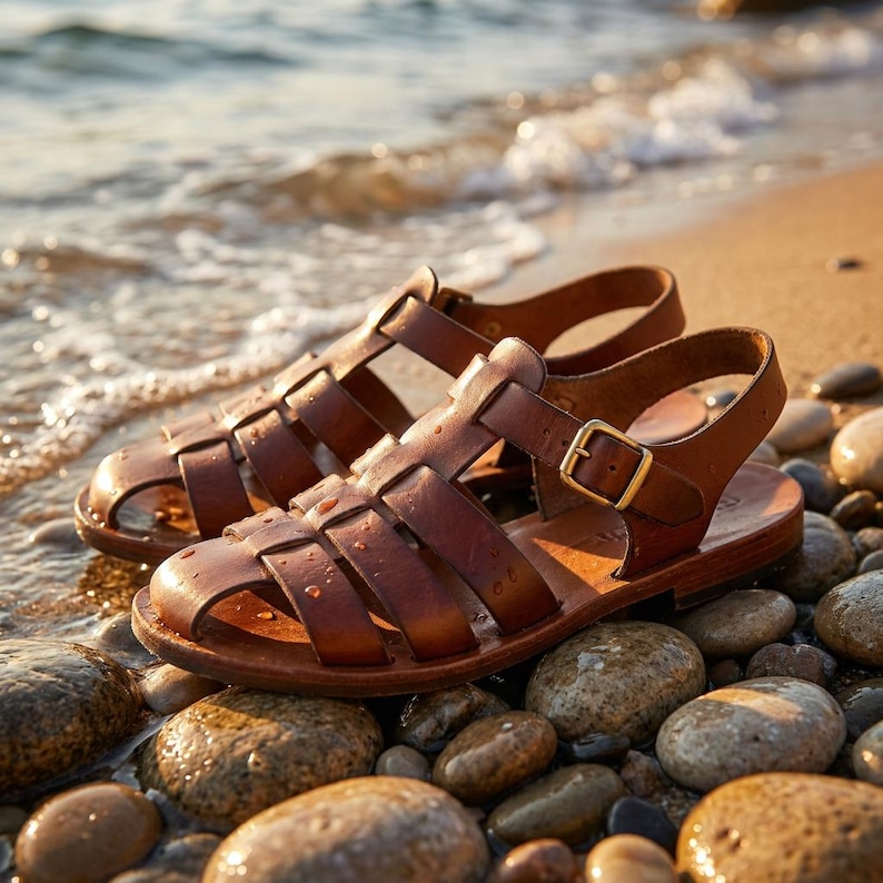 May include: A pair of brown leather sandals with a woven design, resting on a bed of smooth stones near the water's edge. The sandals feature a buckle closure and a classic, open-toe design, perfect for warm weather. The sandals are approximately 10 inches long.