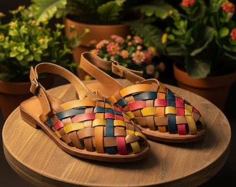 woven leather sandals, slingback mules, women's summer flats, buckle adjustable woven upper