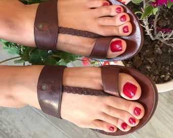 Sandales pour femmes, Bracelet en T tissé, String à boucle d’orteil, Sandales en cuir véritable, Anneau d’orteil Un bracelet, Toel Flip Flop, Toe Bar Sandals