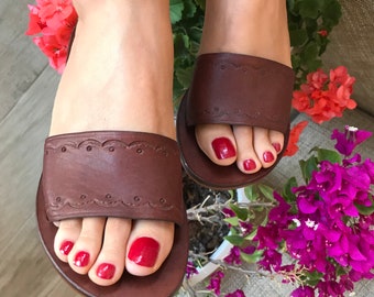 Handmade Leather Slide Sandals, High Heel Wedge, Bodrum Turkey