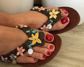 Leather Sandals Women, Floral Lace Sandals, Leather Flip Flop, Boho Flat Low Heel, Toe Loop Flip Flop, Beach Sandals, Barefoot Sandals