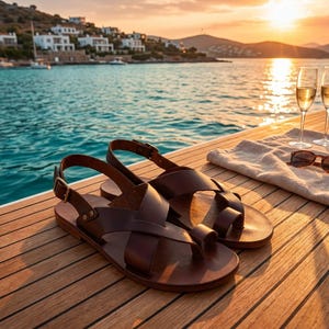 以下が含まれることがあります： 木製のデッキに置かれた、クロスストラップと調節可能なバックルが付いた茶色の革製サンダル。背景には、海上の夕日、シャンパングラス、サングラスが写っています。サンダルが主な焦点です。