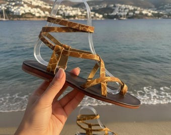 Handmade Leather Gladiator Sandals, Genuine Leather Strappy Women's Summer Flats, Hand-stitched