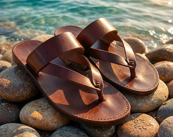Handmade Leather Men's Sandals, Brown Greek Style, Summer Beach Vacation Slides