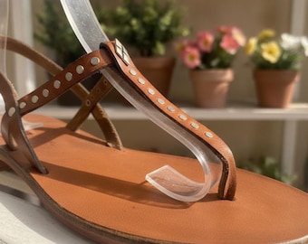 Leather Toe Loop Sandals, Slingback Ankle Strap, Brown Leather Summer Flats, Women's Casual Wear