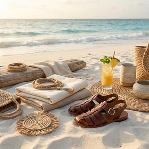 May include: A beach scene with a pair of brown leather sandals, a refreshing drink with pineapple, and woven accessories. Beige blankets and rope accents complement the natural aesthetic. The ocean waves are in the background.