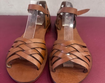 Brown Leather Woven Sandals, Strappy Flat Sandals for Women, Ankle Buckle Closure, Handmade