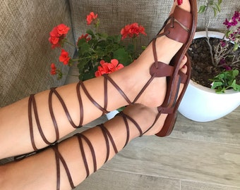 Leather Brown Sandals, Lace Up Gladiator, Custom Flip Flops, Toe Ring Shoes, Strappy Gladiator, Strap Slingback Sandals, Toe Bar Sandals