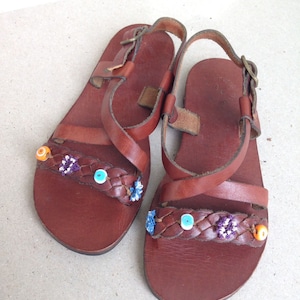 ALKYONE Kids :Children Leather Sandals Woven Beaded Leather Handmade Sandals &quot;custom size available&quot;