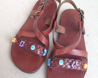 ALKYONE Kids :Children Leather Sandals Woven Beaded Leather Handmade Sandals "custom size available"