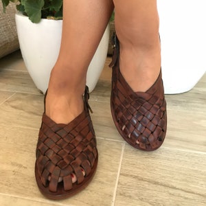 Brown Leather Sandals, Woven Leather Shoes, Buckle Sling Back, Custom Size Available, Strap Slingback Mule, Wedge High Heel Sandals, image 3