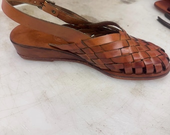 Handmade Woven Leather Sandals, Slingback Wedge Heel, Women's Brown Leather Summer Shoes, Boho Strappy Comfort