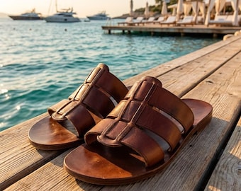 Handgefertigte Leder Herren Sandalen, Braun Minimalist Slides, Urlaubs Schuhe im Roman Style