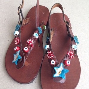 FLORA Kids :Children Leather Sandals Woven Beaded Leather Handmade Sandals &quot;custom size available&quot;