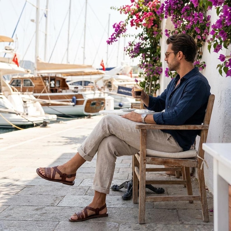 May include: A person wearing brown leather sandals with multiple straps, sitting on a wooden chair. The person is wearing a navy blue shirt and light-colored pants. The background includes boats, a harbor, and purple flowers.