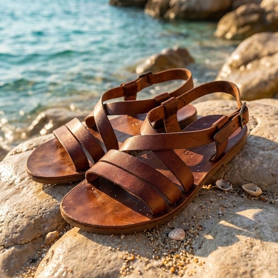 Handmade Leather Gladiator Sandals, Men’s Brown Roman Sandals, Summer Beach Shoes, Minimalist Vacation Sandals, Gift for Him