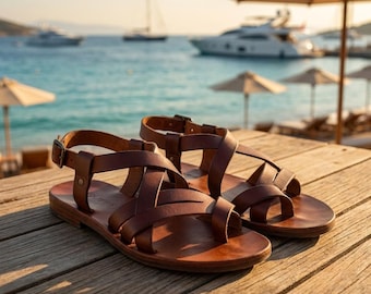 Handmade Men Leather Sandals Brown Gladiator Sandals Greek Style Summer Beach Sandals Rustic Roman Sandals Vacation Gift for Him
