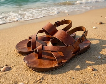 Handmade Leather Sandals for Men, Brown Gladiator Sandals, Minimalist Summer Sandals, Beach Vacation Shoes, Rustic Gift for Him