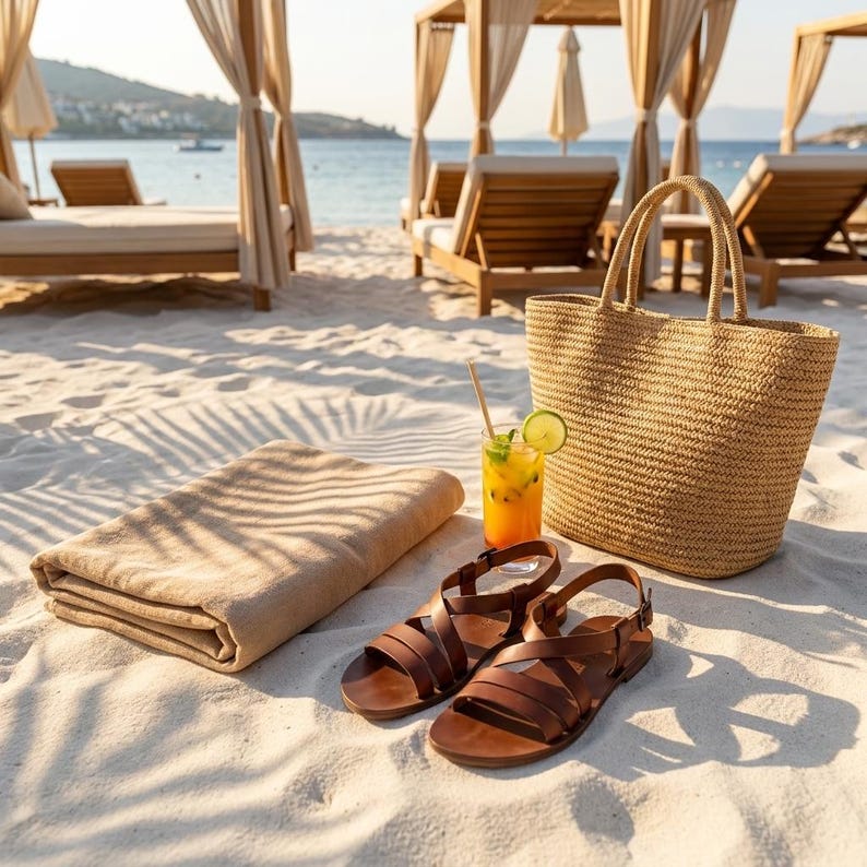 May include: A beach scene with a tan woven tote bag, brown leather sandals, a folded beige towel, and a tropical drink with a straw and lime slice. The items are on white sand, with beach chairs and ocean in the background.