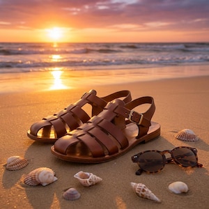 May include: Brown leather sandals with a woven design, a gold buckle, and a pair of tortoiseshell sunglasses rest on a sandy beach. Several seashells are scattered around the sandals, with the ocean and sunset in the background.
